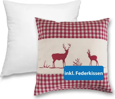 Produktbild von wometo Kissenbezug Kissenhülle 40x40 Hirsch rot mit Federkissen Füllung - Reißverschluss Landhaus-Stil Dekokissen Sofakissen Zierkissen Stick kariert heller Hintergrund