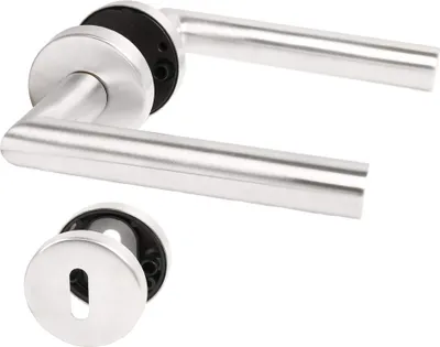 A set of stainless steel door handles and a keyhole escutcheon on a white background.