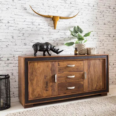 Immagine prodotto di FineBuy Credenza in legno massiccio di Sheesham 160 cm 2 porte e 3 cassetti - Cassettiera solida e retrò con pelle - Credenza di design naturale - Fatto a mano Industriale