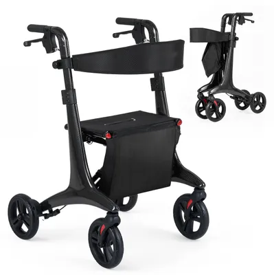 Immagine prodotto di COSTWAY Rollator pieghevole e leggero con seduta, sedia a rotelle 2 in 1 e rollator da viaggio, deambulatore regolabile in altezza in 6 posizioni, deambulatore con borsa, fino a 136 kg Nero