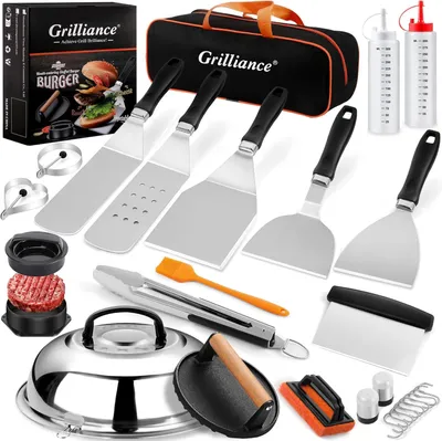 Produktbild von 27-TLG Grillspachtel Plancha Zubehör für Männer, Teppanyaki BBQ Grillbesteck Set Edelstahl, Hibachi Smasher Burger Geschenkset mit Pfannenwender, Burgerpresse