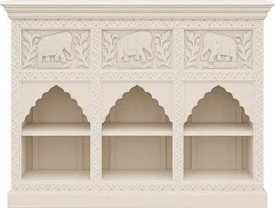 Produktbild von Marrakesch Orientalische Kommode Hasana -3- handgeschnitzt aus Massivholz mit Elefantenmotiv | Indisches Regal im Boho Vintage Stil | Sideboard mit offenen Fächern | Unikat Möbel 132x95x41cm