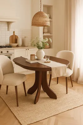 A dining table set with chairs in a bright, airy room.