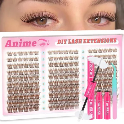 Image de Extension de cils "Manga Lash Cluster" en fibres synthétiques, couleur PureBrown, longueurs de 8 à 16 mm, 180 pièces, forme en C, bande ultra-fine, pour application manuelle