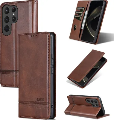 Image de Etui en cuir pour Samsung Galaxy S25 Ultra, étui portefeuille pliable avec fermeture magnétique et support Café