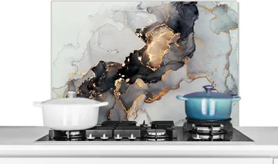 Produktbild von KitchenYeah®  Spritzschutz Küche - Küchenrückwand - Wandschutz für Herd und Spüle - Schwarz - Marmor - Luxus - Gold 90x60 - Alu-Dibond (Alternative zum Spritzschutz aus Glas) - Hitzebeständig - Herdsp