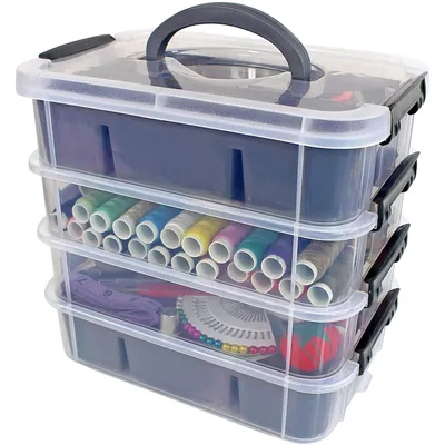 Produktbild von Bins & Things Stapelboxen Aufbewahrungsbox mit Deckel, 2 Fächer - Blau - Aufbewahrungsbox für Bastelzubehör - Sortierbox für Perlen - Kunstmaterial Organizer Boxen - Boxen Aufbewahrung