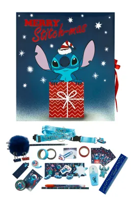A Stitch adventskalender with various small stationery items.