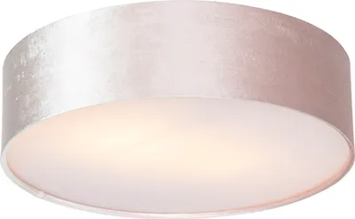 A close-up, studio shot of a drum-shaped ceiling light with a pink fabric shade and a gold interior.