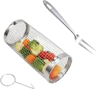 Imagen del producto de Cesta para parrilla de acero inoxidable, cilíndrica, 1 unidad, para barbacoa y parrilla
