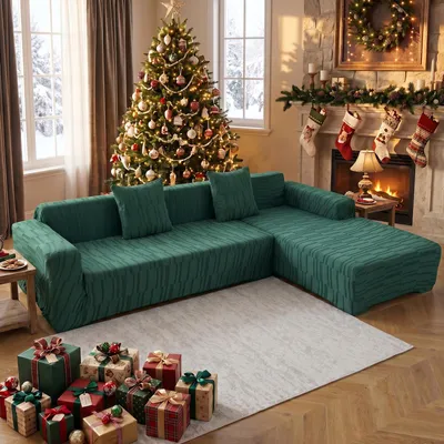 Produktbild von Dicker Jacquard Sofabezug 2-teiliges Set für L form Ecksofa, Stretch Sofahusse Universal Sofa Überzug mit 2 Stück Kissenbezug und Reinigungshandschuhe (L form-3 Sitzer + 4 Sitzer,Dunkelgrün)