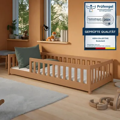 Image de Lit d'enfant au sol 90 x 190 cm avec barrière de sécurité et sommier à lattes Lit Montessori Lit à barreaux Lit pour enfants et adolescents Lit simple | Cannelle