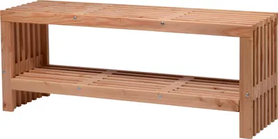 A wooden bench with two slatted shelves against a white background.