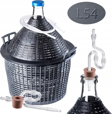 Obrázok produktu pre Sada sklenených karbošov KADAX "Alatri", s plastovým košom a fermentačným príslušenstvom, gumovou zátkou, plastovou fermentačnou trubicou, fľašou, extraktorom 54 litrov