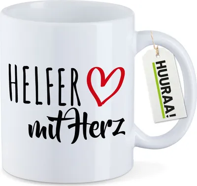 Produktbild von Huuraa Kaffeetasse Helfer mit Herz 330ml Weiß Keramik Kaffeebecher Geschenkidee