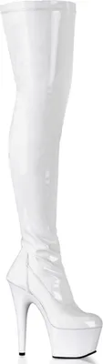 A single white thigh-high boot with a platform and high heel, shown from the side.
