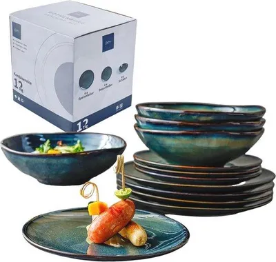 Obrázok produktu pre Keramický 12-dielny servis Mediteran v modro-zelenej farbe so zlatými akcentmi