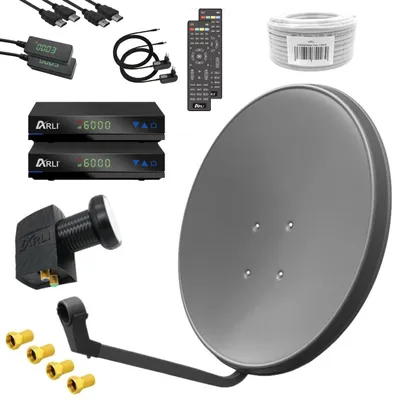 Produktbild von ARLI 60 cm HD Sat Anlage Antenne grau Set inkl. 2x Receiver + 50m Kabel + Stecker für 2 Teilnehmer