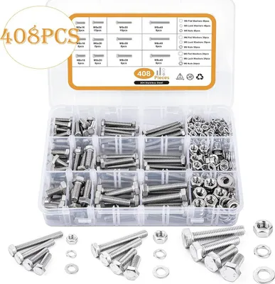 Image de INF Kit d'assortiment de 408 boulons et écrous hexagonaux en acier inoxydable M5 M6 M8