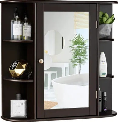 Obrázok produktu pre Skrinka so zrkadlom do kúpeľne, skrinka na vlasy so zrkadlom, zrkadlo do kúpeľne 10 políc, nástenná skrinka s dvierkami, skrinka na make-up z dreva, kúpeľňová skrinka do kúpeľne 65 x 17 x 63 cm (hnedá)
