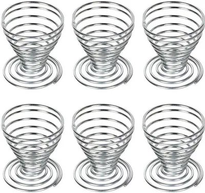 Image de Ensemble de 6 supports à œufs Ibenzoa®, en acier inoxydable, de forme spiralée, hauteur de 5 cm, diamètre de 4,5 cm, avec système d'absorption des chocs et à ressort, design métallique moderne, non adaptés au lave-vaisselle