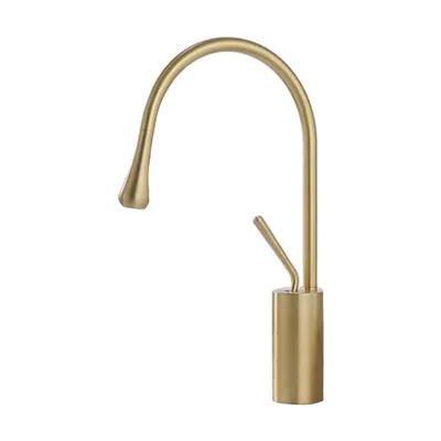 A single gold faucet on a white background.