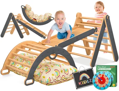 Immagine prodotto di KIDIZ® Struttura per arrampicata Montessori a triangolo, set da gioco 7 in 1 in legno, parco giochi da interno per bambini da 1 a 3 anni, con cuscini, lavagna e orologio didattico inclusi