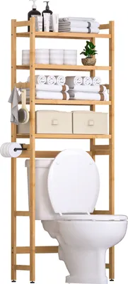 A bamboo shelving unit placed over a toilet, stocked with bathroom essentials.