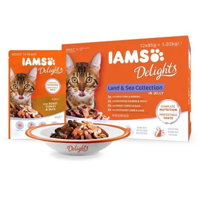 Productafbeelding van Iams Delights Natvoer voor Katten, Land & Zee collectie, in gelatine, 12 x 85 gram