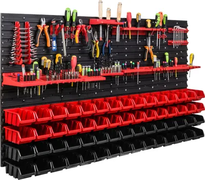 Image de Système de rangement Étagère d'atelier | 156 x 78 cm | 60 pièces Boîte | Étagère murale avec supports pour outils et boîtes empilables - Panneaux muraux Étagère à bacs extra-robuste Panneau perforé pour outils Étagère de rangement Étagère de garage