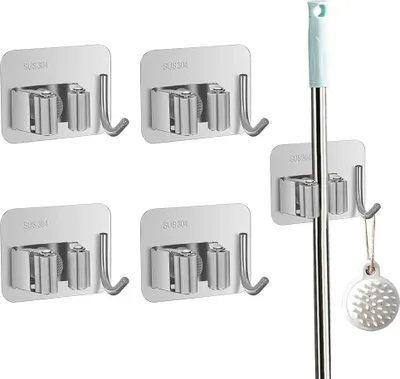 Produktbild von Mop Halter Besenhalterung Wand, 4 Stück Besenhalter Selbstklebend, Wandhalterung Besen Gerätehalter Edelstahl, Besen Halter Organizer Ohne Bohren mit Haken für Küche Garage Garten