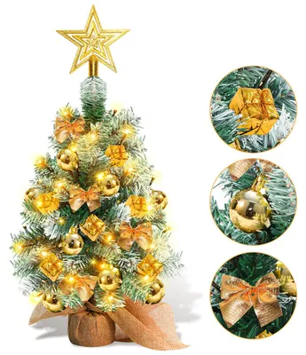 Productafbeelding van Vigevee Mini kerstboom, 40 cm, goud, met 30 LED's, 50 takken, houten voet, ster, ballen, linten en cadeaudoosjes