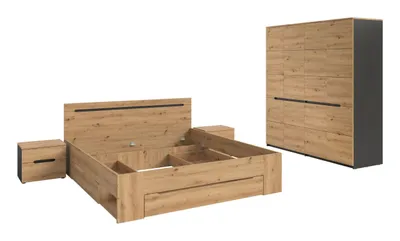 Image de Canu ensemble de chambre à coucher lit 180x200cm avec rangement, 2 tables de nuit, 1 armoire grise, chêneReproduction.