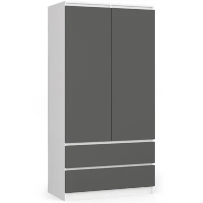 Produktbild von Kleiderschrank – Schlafzimmerschrank – Schrank mit Kleiderstange – Weiß / Graphit – 90 cm – Eleganter Drehtürenschrank mit 2 Türen und 2 Schubladen