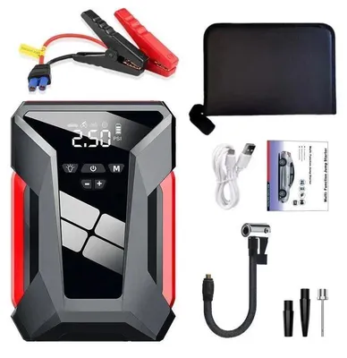 Produktbild von Starthilfe Auto Powerbank - 28000mAh Starthilfegerät - 1200A Spitzenstrom - 150 PSI Reifenkompressor - Notfallbatterie - Mit Tragetasche