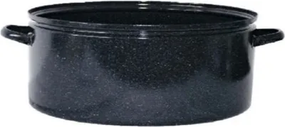 A black enamel pot with handles on a white background.