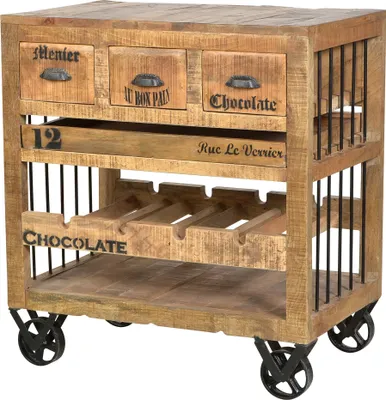 Produktbild von SIT Möbel Wein-Kommode auf Rollen | Ablage für 4 Flaschen | 3 Schubladen, 1 herausnehmbares Tablett | Mangoholz natur | Beschläge antikschwarz | B 78 x T 48 x H 87 cm | 01987-04 | Serie RUSTIC