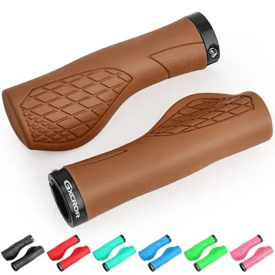 Zdjęcie produktu dla Ergonomiczne chwyty do roweru z kierownicą o średnicy 22,2 mm, przeznaczone do rowerów górskich (MTB), antypoślizgowe, z podwójnym systemem mocowania, kolor brązowy