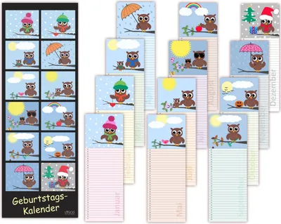 Produktbild von Eulen Geburtstagskalender Eulenkalender neutral und jahresunabhängig mit 12 Monaten, Format 105x297mm, hervorragende Ausführung, gut beschreibbar, immerwährender Kalender für ihre Geburtstagstermine Dauerkalender