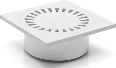 A white square shower drain with a circular grate is shown against a white background.