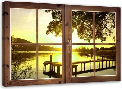 Immagine prodotto di Quadro su tela finestra - tramonto sul pontile 120x80 cm Feeby giallo quadro pronto da appendere