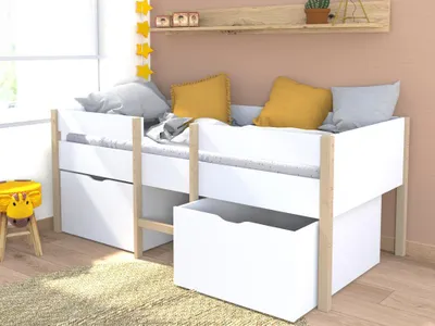 Produktbild von KINDERBETT ZEPHIR / SPIELBETT 90x190 cm + 2 Schubladen + Lattenrost / Weiß & Naturlack