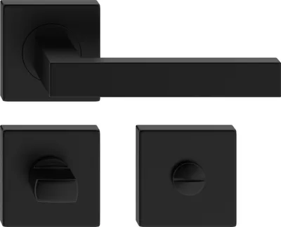 A black door handle set, including a lever handle and two escutcheons, is displayed against a white background.