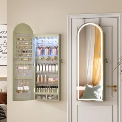 Produktbild von LVSOMT Schmuckschrank in Grün mit 3 Lichtfarben LED-Beleuchtung, zur Wand- und Türmontage, Abmessungen 108×40cm