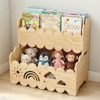 Kinderbücherregal aus Holz, 2 Etagen, Wolkenmotiv, 57,7x32x55,9 cm