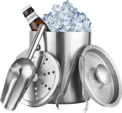 Image de Seau isotherme Unyqoos® de 2 litres, en acier inoxydable à double paroi avec couvercle, pince à glace, doseur et passoire – Récipient pour glaçons, idéal pour la bière, le champagne et le vin