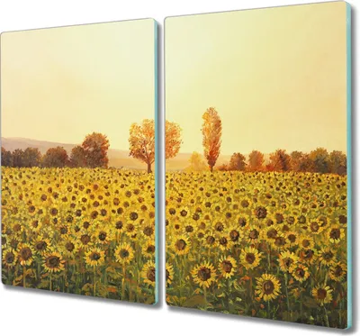 Produktbild von Coloray Herdabdeckplatte 2x30x52 cm Schneidebrett Kochplattenabdeckung Küchenbrett Hackbrett - Blumen Sonnenblumen Baum