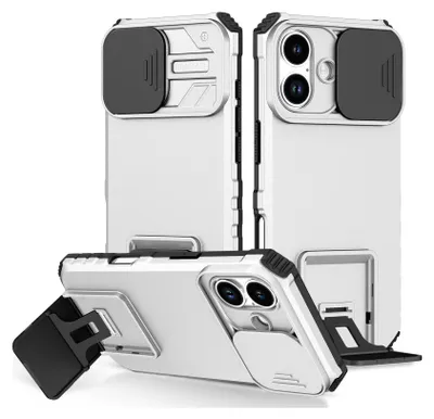 Produktbild von Dual Layer Hülle für iPhone 17 Stossfest Robust Ständer Schutzhülle mit Schiebe Kamera Schutz Weiß