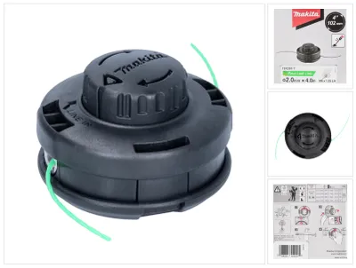 A collage of images showing a string trimmer head, its packaging, and instructions.