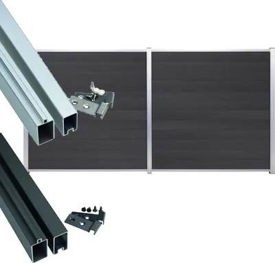 A product image showing components for a modular panel system, including aluminum profiles and dark gray panels, along with mounting hardware.